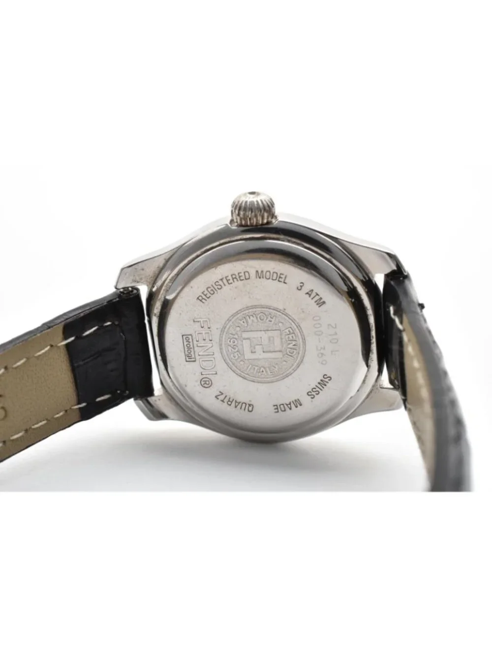 Fendi Quartz Watch Gray Dial Roman Numeral Date Stainless Steel Black Leather